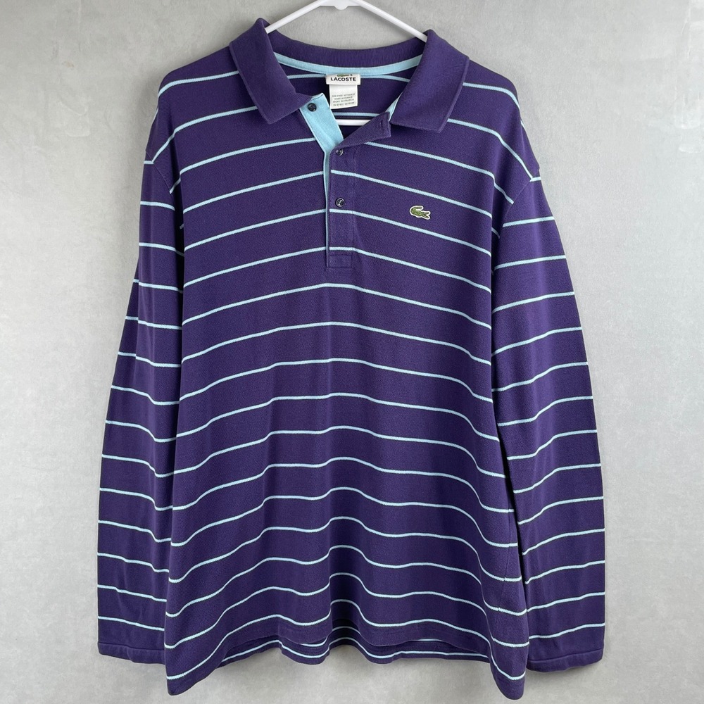 VTG Lacoste Mens Long Sleeve Striped Polo French Chic Shirt Purple 9 France Made
